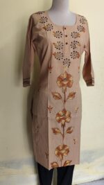 Cotton Kantha Stitch Long Kurti for Women Beige color