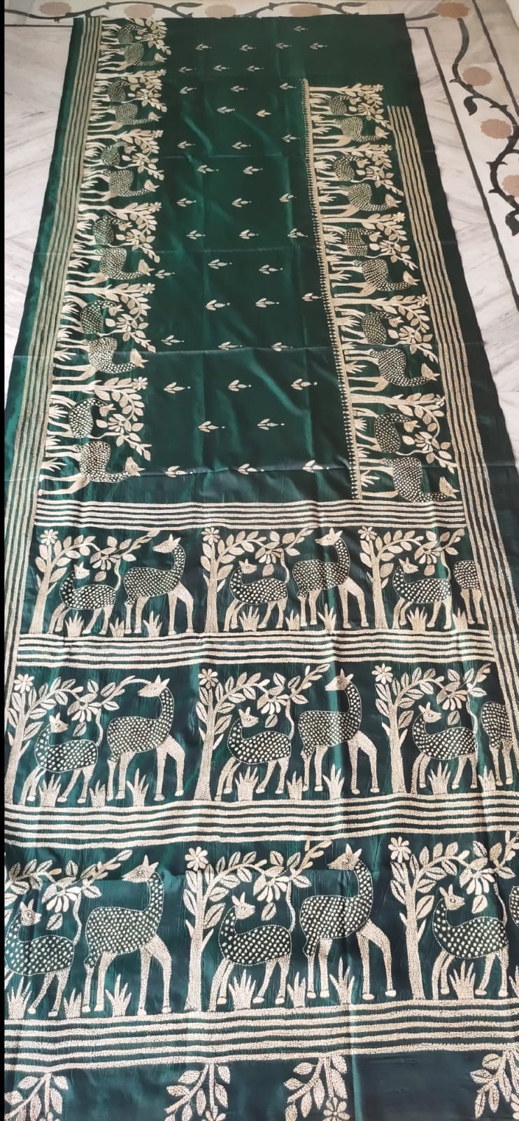 WhatsApp Image 2026-08-11 at 9.51.01 PM (1) Kantha Art Silk Saree – Deer & Nature Motifs on Dark Green - Image 1