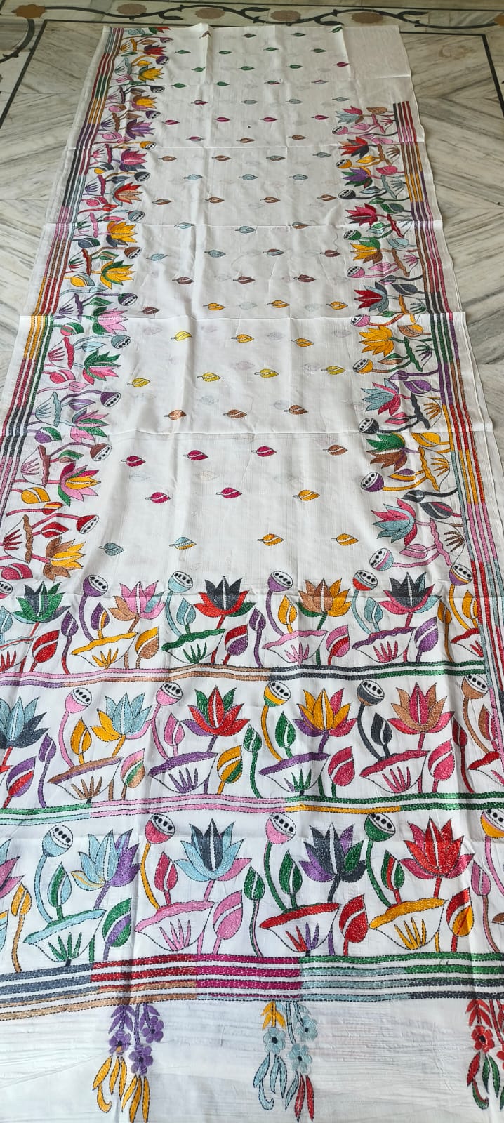 WhatsApp Image 2026-08-11 at 9.51.24 PM Handcrafted Bangalore Art Silk Kantha Stitch Saree White - Image 1
