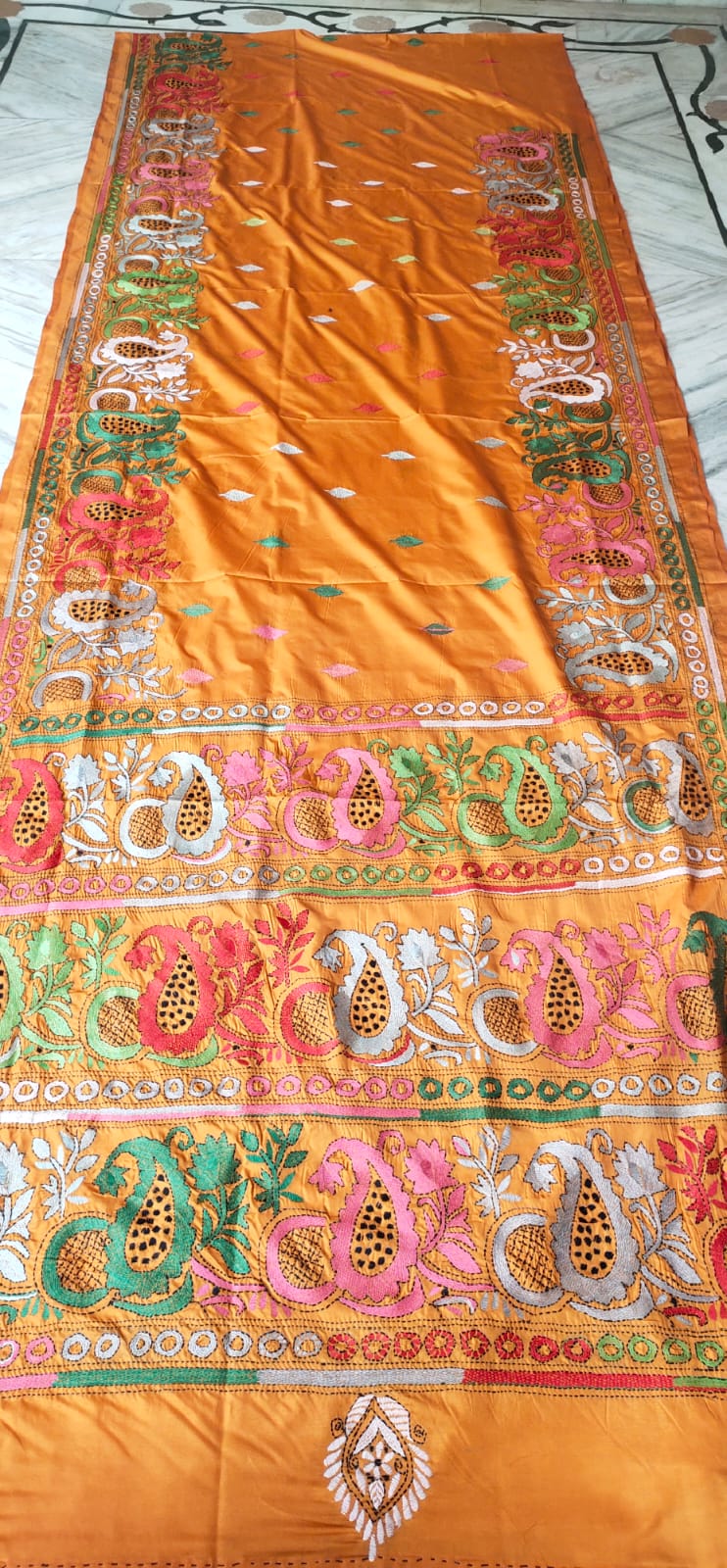 WhatsApp Image 2026-08-12 at 8.24.49 PM Bangalore Art Silk Kantha Stitch Saree – Floral Motifs Yellow - Image 1