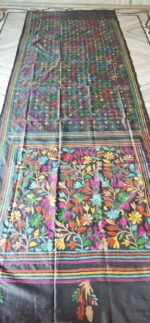 Handcrafted Bangalore Kantha Stitch Art Silk Saree – Floral Motifs Black