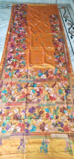 Handicraft: Bangalore Art Kantha Work Silk Saree – Floral Motifs Yellow