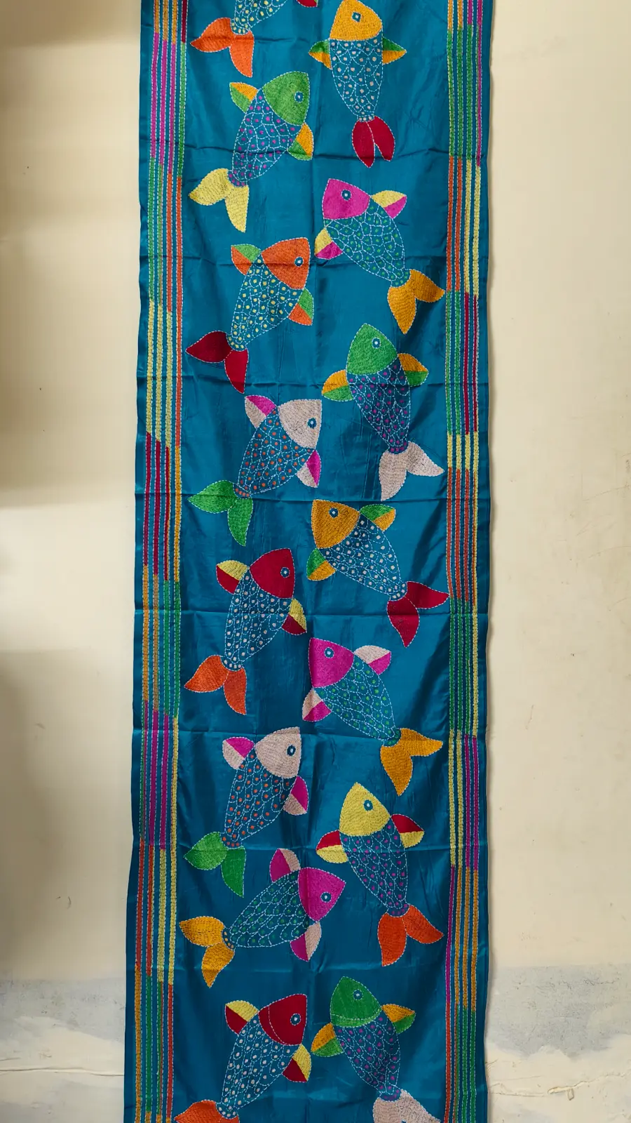 1001133346.webp Handcrafted Silk Kantha Stitch Stole - Deep Sky blue Thread Multicolor - Image 1