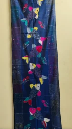 Handcrafted Silk Kantha Stitch Stole - fish Motif Deep Blue