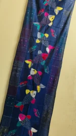 Handcrafted Silk Kantha Stitch Stole - fish Motif Deep Blue - Image 2