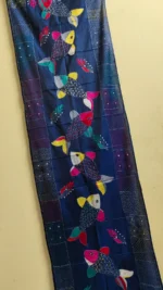Handcrafted Silk Kantha Stitch Stole - fish Motif Deep Blue - Image 3