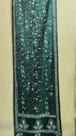 Hand Work Silk Kantha Stitch Stole - dark green Kantha stole with white floral