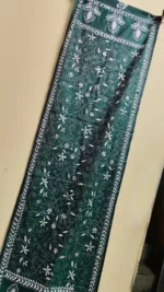 Hand Work Silk Kantha Stitch Stole - dark green Kantha stole with white floral - Image 2