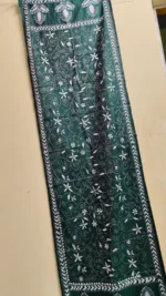 Hand Work Silk Kantha Stitch Stole - dark green Kantha stole with white floral - Image 3