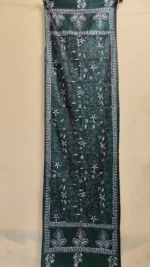 White leaf motif dark green silk kantha stole - dark green Kantha stole with white floral - Image 4