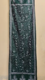 White leaf motif dark green silk kantha stole - dark green Kantha stole with white floral