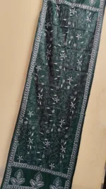 White leaf motif dark green silk kantha stole - dark green Kantha stole with white floral - Image 3