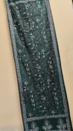 White leaf motif dark green silk kantha stole - dark green Kantha stole with white floral - Image 2