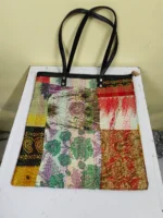 Kantha Patchwork Tote – Upcycled Silk, Handles, Zip Top  with Maroon