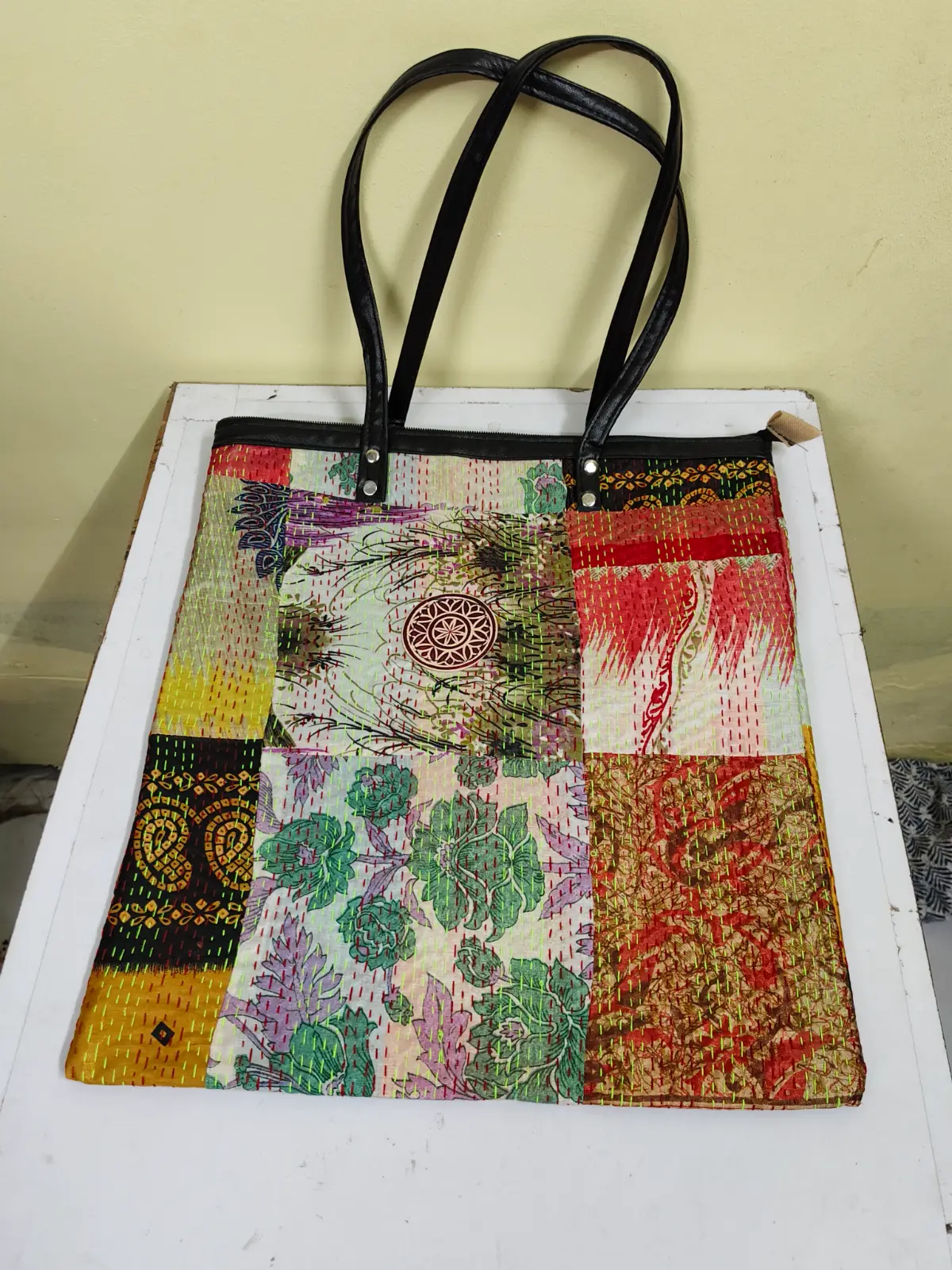 1001141439.webp Kantha Patchwork Tote – Upcycled Silk, Handles, Zip Top with Maroon - Image 1