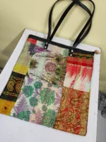 Kantha Patchwork Tote – Upcycled Silk, Handles, Zip Top  with Maroon - Image 2