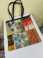 Kantha Patchwork Tote – Upcycled Silk, Handles, Zip Top  with Maroon - Image 3