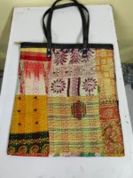 Kantha Patchwork Tote – Upcycled Silk, Handles, Zip Top  with Maroon - Image 4