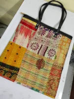 Kantha Patchwork Tote – Upcycled Silk, Handles, Zip Top  with Maroon - Image 5