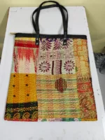Kantha Patchwork Tote – Upcycled Silk, Handles, Zip Top  with Maroon - Image 6