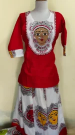 Women Print Art Cotton Short Kurti and Skirt Set