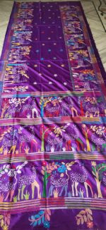 Handcrafted Kantha Stitch Bangalore Art Silk Saree – Animal & Nature Motifs