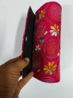 Handmade Cotton Kantha Stitch Round Hand Clutch Wallet – Pink Floral Embroidery - Image 3