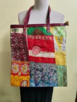 Kantha Patchwork Tote – Upcycled Silk, Handles, Zip Top  with Green - Image 4