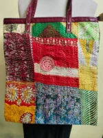 Kantha Patchwork Tote – Upcycled Silk, Handles, Zip Top  with Green - Image 3
