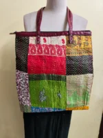 Kantha Patchwork Tote – Upcycled Silk, Handles, Zip Top  with Green