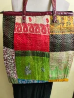 Kantha Patchwork Tote – Upcycled Silk, Handles, Zip Top  with Green - Image 2
