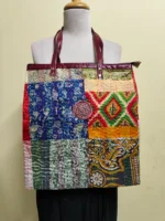 Kantha Patchwork Tote – Upcycled Silk, Handles, Zip Top  with Red