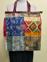 Kantha Patchwork Tote – Upcycled Silk, Handles, Zip Top  with Red - Image 2