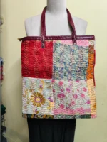Kantha Patchwork Tote – Upcycled Silk, Handles, Zip Top  with Red - Image 3