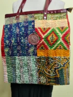 Kantha Patchwork Tote – Upcycled Silk, Handles, Zip Top  with Red - Image 4