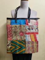 Kantha Patchwork Tote – Upcycled Silk, Handles, Zip Top  with Pink