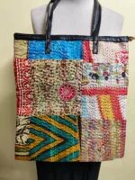 Kantha Patchwork Tote – Upcycled Silk, Handles, Zip Top  with Pink - Image 2