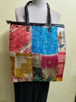 Kantha Patchwork Tote – Upcycled Silk, Handles, Zip Top  with Pink - Image 3