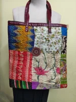 Kantha Patchwork Tote – Upcycled Silk, Handles, Zip Top  with Pink-colored flower
