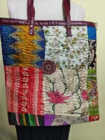 Kantha Patchwork Tote – Upcycled Silk, Handles, Zip Top  with Pink-colored flower - Image 2