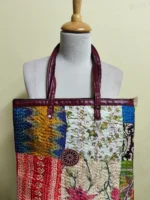 Kantha Patchwork Tote – Upcycled Silk, Handles, Zip Top  with Pink-colored flower - Image 3
