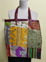 Kantha Patchwork Tote – Upcycled Silk, Handles, Zip Top  with Pink-colored flower - Image 5