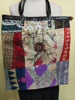 Kantha Patchwork Tote – Upcycled Silk, Handles, Zip Top \with Light pink colored flower - Image 2