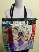 Kantha Patchwork Tote – Upcycled Silk, Handles, Zip Top \with Light pink colored flower - Image 3