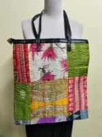 Kantha Patchwork Tote – Upcycled Silk, Handles, Zip Top \with Light pink colored flower - Image 4