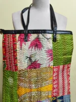 Kantha Patchwork Tote – Upcycled Silk, Handles, Zip Top \with Light pink colored flower - Image 5